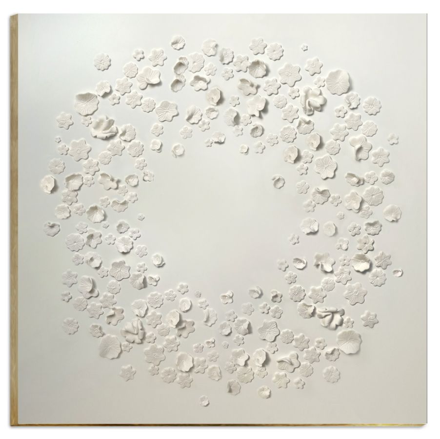 Flure Handmade porcelain artwork on a hand painted wooden panel with hand leafed edging